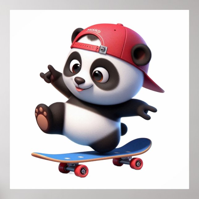 Póster Ilustración de Panda Monito Patinando (Frente)