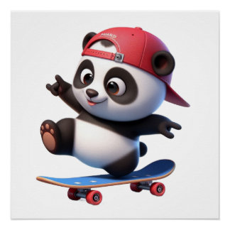 Póster Ilustración de Panda Monito Patinando