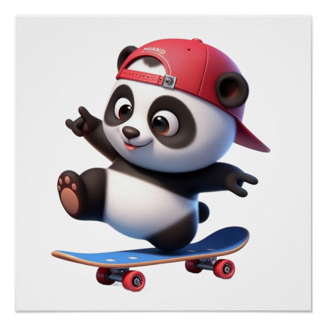 Póster Ilustración de Panda Monito Patinando (Anverso)