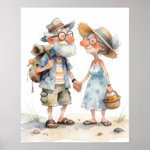 Ilustración de pareja mayor con acuarela cálida