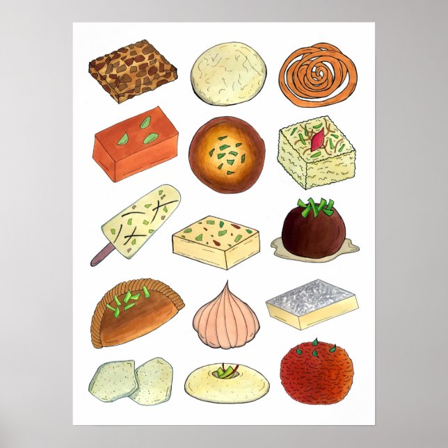 Póster Ilustracion de pastelería Mithai Indian Sweets (Frente)
