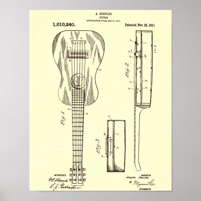 Póster Ilustracion de Patentes de Guitarra Vintage 1911 (Frente)