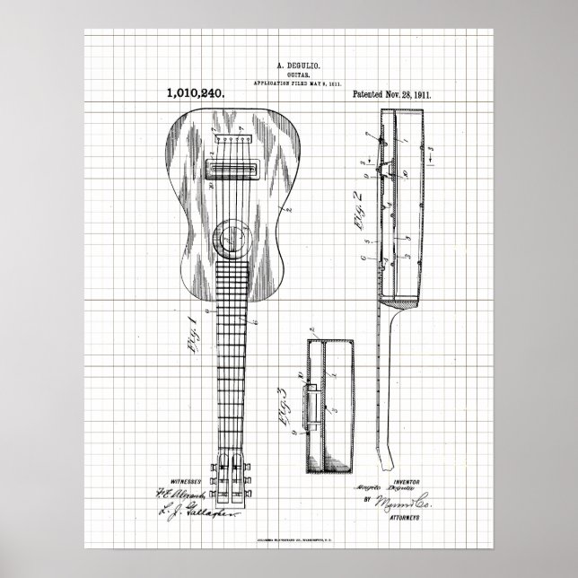 Póster Ilustracion de Patentes de Guitarra Vintage 1911 (Frente)