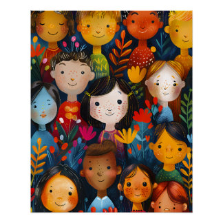 Póster Ilustración de patrón floral de niños felices dive