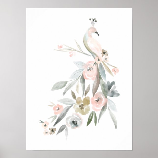 Póster Ilustracion de pavo real botánico acuático floral (Frente)
