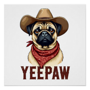 Póster Ilustración de perro occidental YeePaw Pug vaquero