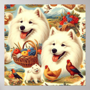 Póster Ilustracion de perro Samoyed de época