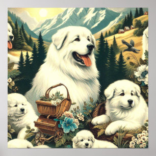 Póster Ilustracion de Perro Vintage Great Pyrenees