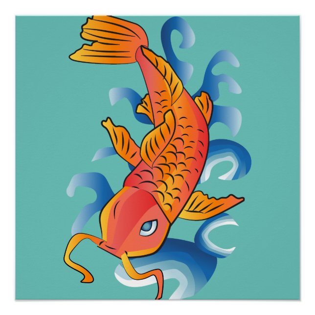 Póster Ilustracion De Pescado De Natación Koi (Anverso)