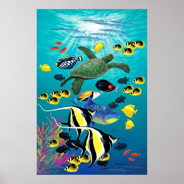 Póster Ilustracion de pescado tropical de Hawái (Frente)