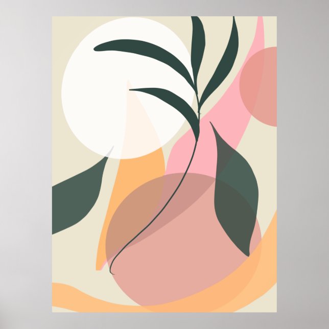 Póster Ilustración de planta abstracta formas verde rosa (Frente)