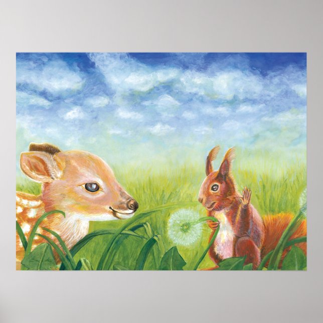 Póster Ilustracion de primavera de fawn y ardilla (Frente)