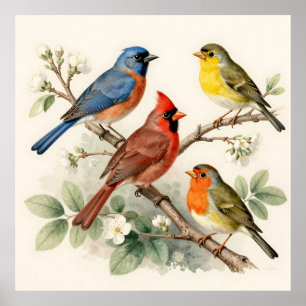 Póster Ilustración de rama de flor de pájaro cantor vinta