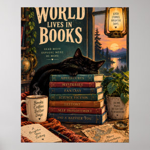 Póster Ilustración de Rincón de Libros Acogedor con Gato 