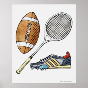 Póster Ilustracion de rugby, racquet de tenis,