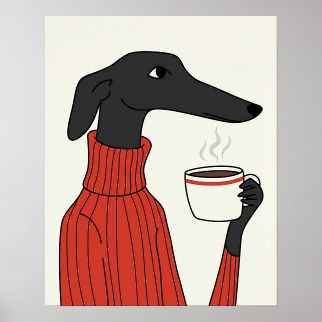 Póster Ilustración de Saluki Acogedor con Café (Frente)