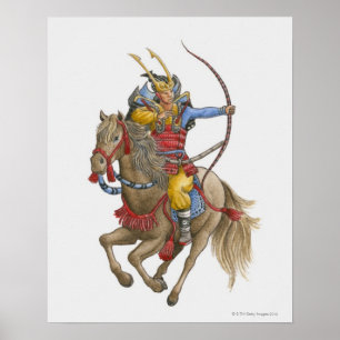 Póster Ilustracion de Samurai a caballo sosteniendo el ar