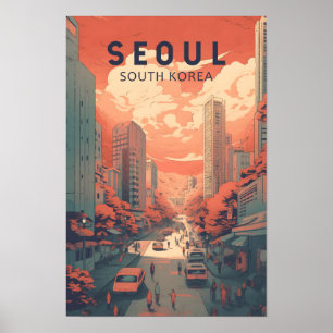 Póster Ilustración de Seúl Corea del Sur Vintage