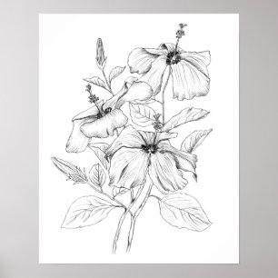 Póster ilustracion de tinta blanco y negro con flores de