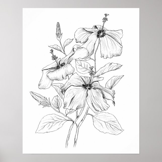Póster ilustracion de tinta blanco y negro con flores de  (Frente)