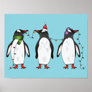 Póster Ilustración de tres pingüinos navideños festivos