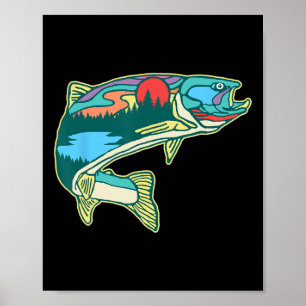 Póster Ilustración de trucha natural Pesca con mosca vint