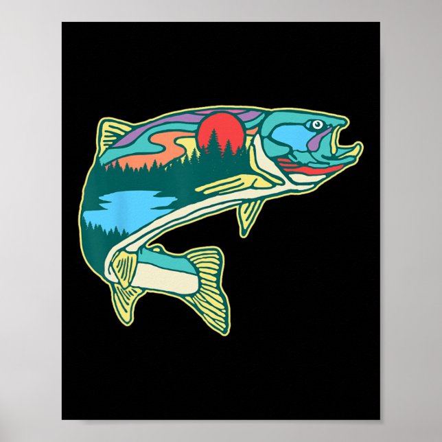 Póster Ilustración de trucha natural Pesca con mosca vint (Frente)