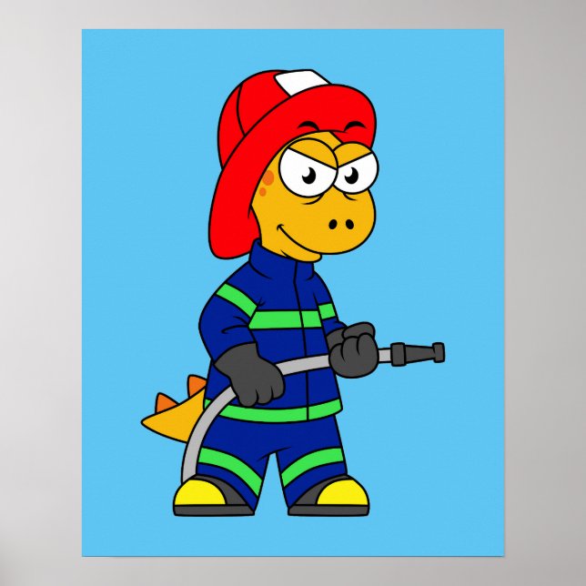 Póster Ilustracion De Un Bombero De Tirano Rex. (Frente)