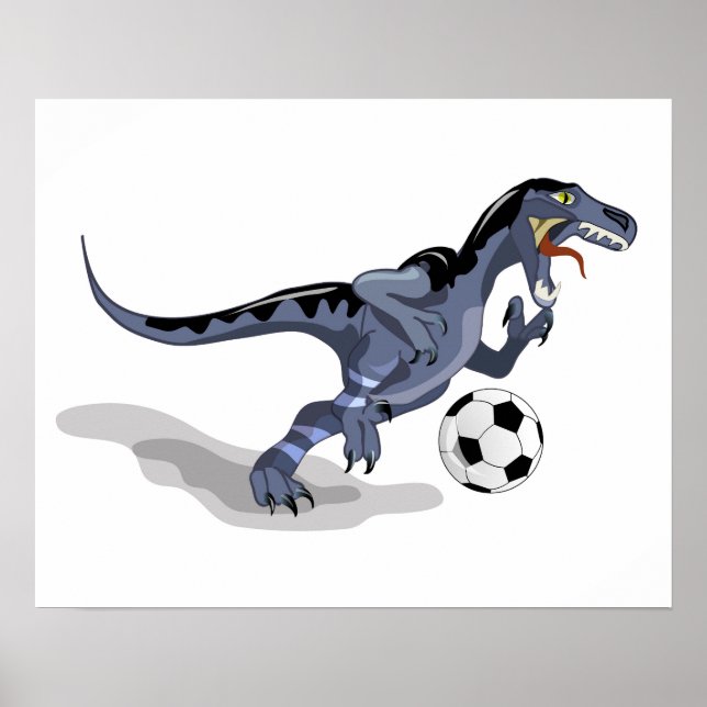 Póster Ilustracion De Un Dinosaurio Raptor Jugando Fútbol (Frente)
