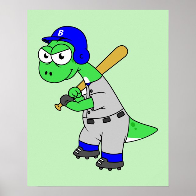 Póster Ilustracion De Un Jugador De Béisbol Brontosaurus. (Frente)