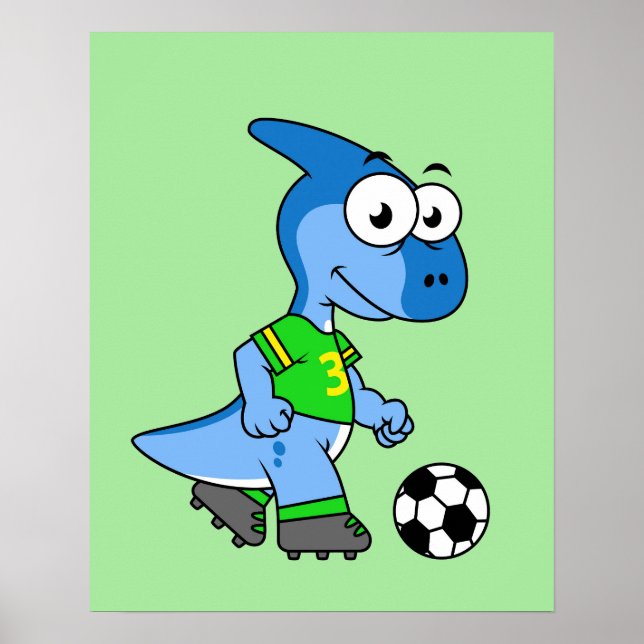 Póster Ilustracion De Un Parasaurolophus Jugando Fútbol. (Frente)