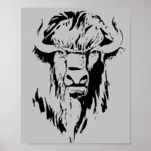 Ilustracion de una cabeza de búfalo en blanco y ne