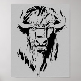 Póster Ilustracion de una cabeza de búfalo en blanco y ne