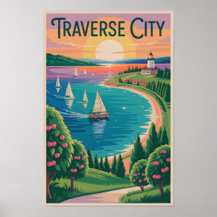 Póster Ilustración de viaje a Traverse City Lago Michigan