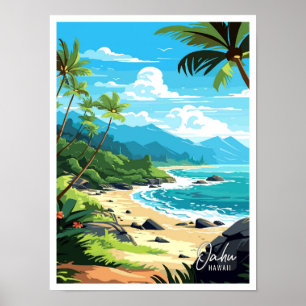 Póster Ilustracion de viaje artístico Oahu Hawaii USA