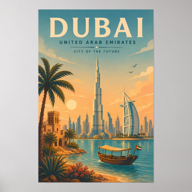 Póster Ilustración de viaje de Dubai Emiratos Árabes Unid (Frente)