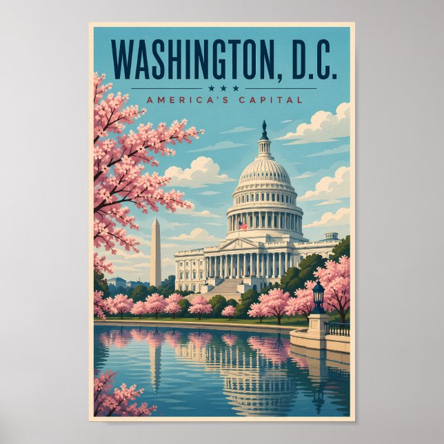 Póster Ilustración de viaje de flores de cerezo de Washin (Frente)