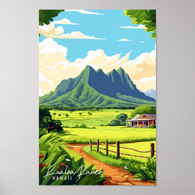 Póster Ilustracion de viaje de Kualoa Ranch Hawaii (Frente)