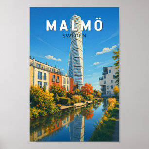 Póster Ilustración de viaje de Malmö Suecia Vintage
