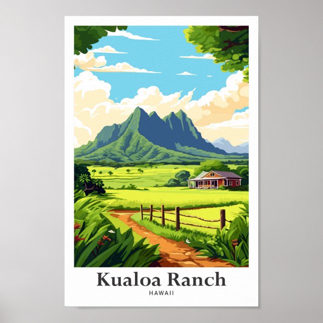 Póster Ilustracion de viaje Kualoa Ranch Hawaii (Frente)
