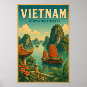 Póster Ilustración de viaje retro de la bahía de Ha Long 