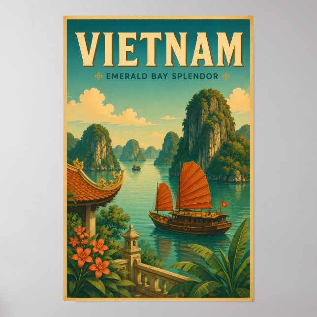 Póster Ilustración de viaje retro de la bahía de Ha Long  (Frente)