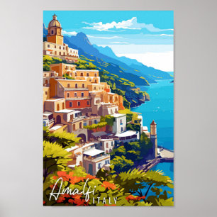 Póster Ilustracion de viaje vintage de Amalfi Italia