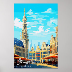 Póster Ilustracion de viaje vintage de Bruselas Bélgica