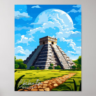 Póster Ilustracion de viaje vintage de Chichen Itza Méxic