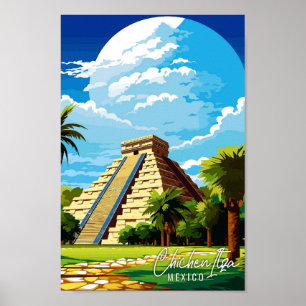 Póster Ilustracion de viaje vintage de Chichen Itza Méxic