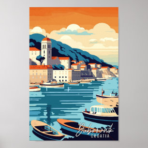 Póster Ilustracion de viaje vintage de Dubrovnik Croacia