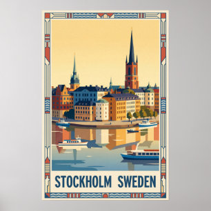 Póster Ilustración de viaje vintage de Estocolmo Suecia