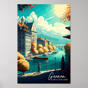 Póster Ilustracion de viaje vintage de Ginebra Suiza