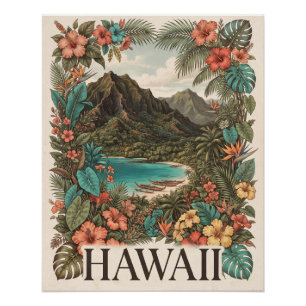 Póster Ilustración de viaje vintage de Hawái con flores
